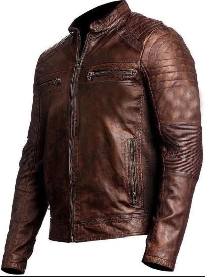 Mens Cafe Racer Brown Vintage Motorcycle Distressed Biker Leather Jacket for HIM