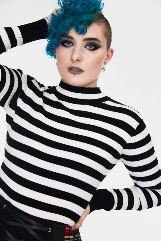 Menace White and Black Gothic Alternative Style Stripe Sweater