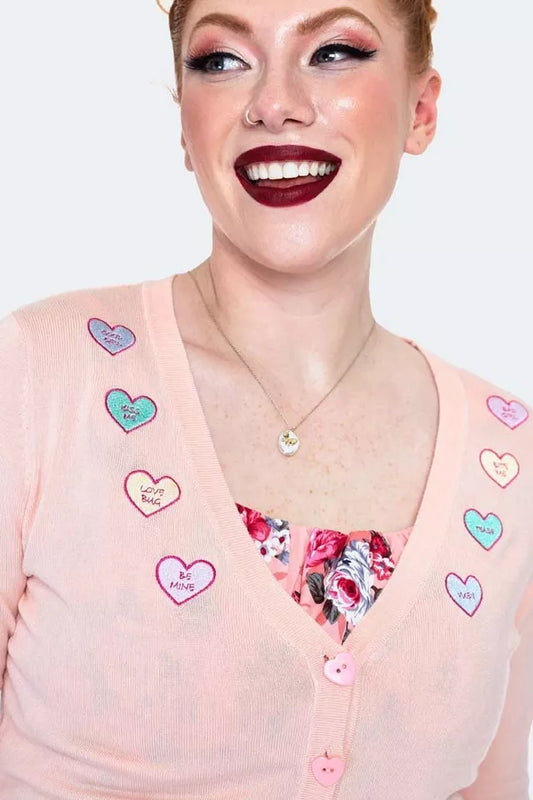 Ladies Curve Kim Love Heart Print Cardigan Retro Vintage Plus Size Cardigan