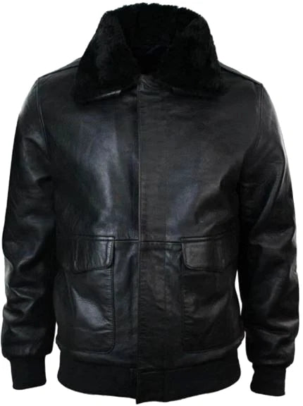 Mens G1 Faux Fur Collar Navy Force Bomber Black Leather Classic Vintage Jacket