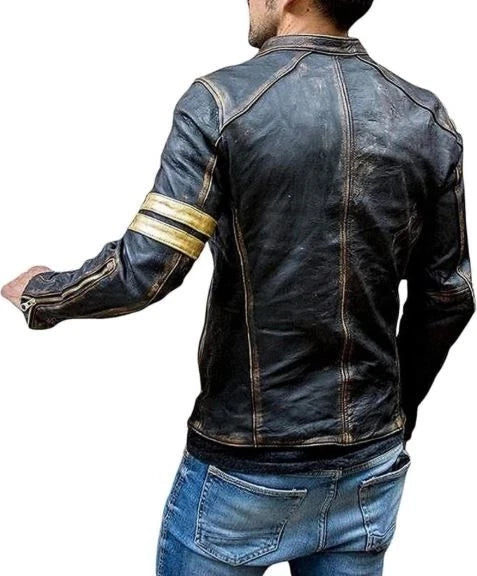 Mens Cafe Racer Golden Stripes Vintage Motorcycle Distress Leather Biker Jacket
