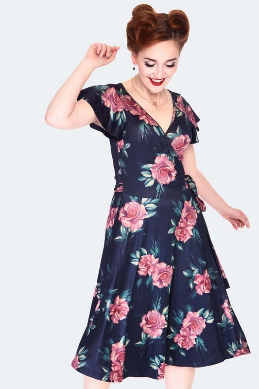 Dark floral flutter sleeve wrap Retro Vintage Style dress