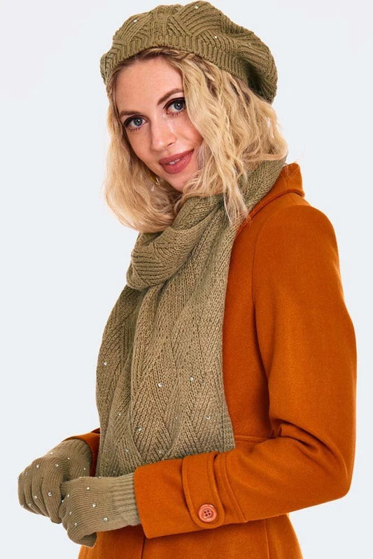 Retro Vintage Style Sparkle Brown Beret, Scarf & Glove Set