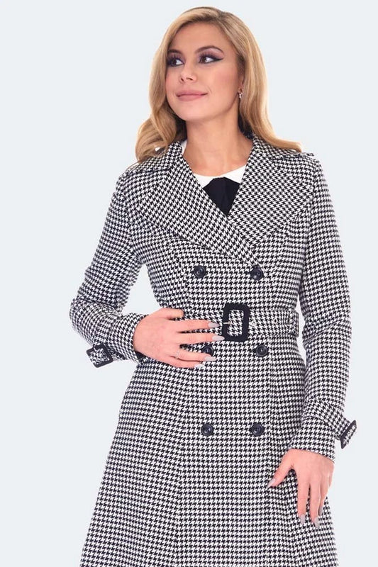 Vintage Inspired Ladies Houndstooth Trench Coat Retro Fashion Style