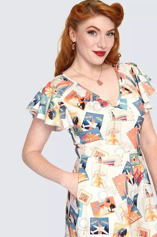 Postcard Print Flutter Collar Retro Vintage Style Playsuit
