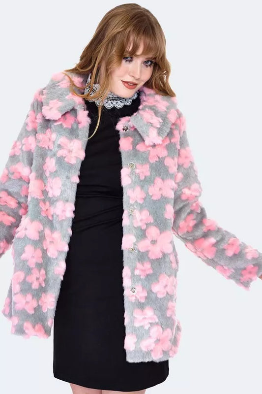 Women Faux Fur Retro Flower Pattern Coat Vintage Fashion