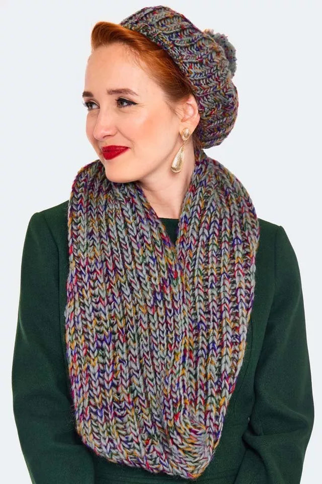 Speckled Retro Vintage Style Grey Beret and Scarf Set
