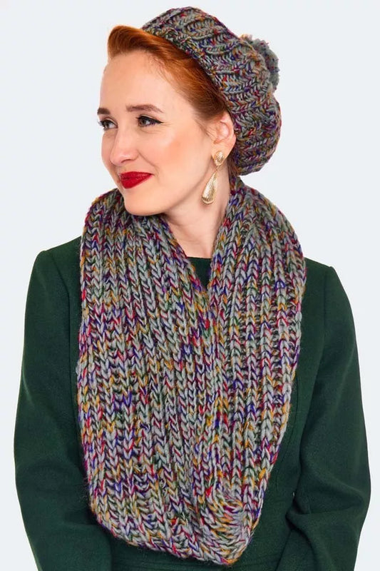 Speckled Retro Vintage Style Grey Beret and Scarf Set