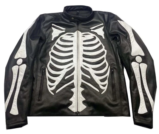 Men's Leather Jacket Skeleton Bones Biker Motorcycle Real leather Jacket Coat