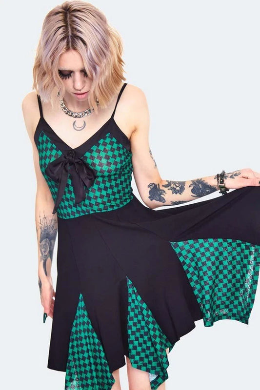 Gothic Alternative Style Check Panel Strappy Mini Dress