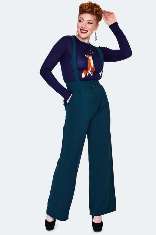 Green High Retro Waisted Vintage Style Suspender Trousers