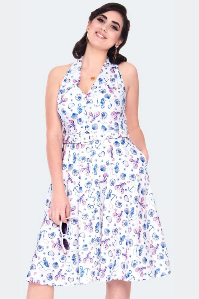 CURVE SEA PRINT HALTER NECK FLARE RETRO VINTAGE STYLE DRESS