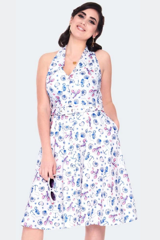 CURVE SEA PRINT HALTER NECK FLARE RETRO VINTAGE STYLE DRESS