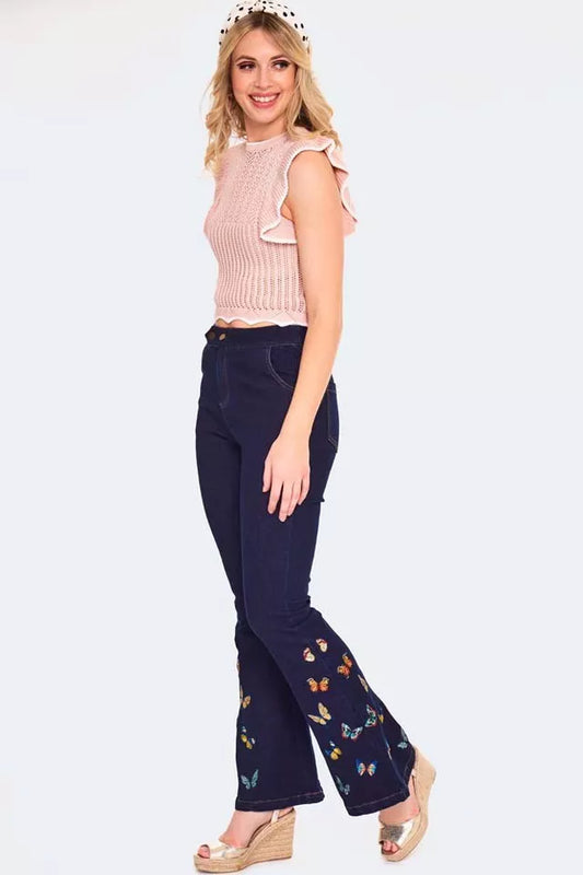 Retro Butterfly Embroidery Vintage Style Denim Trousers