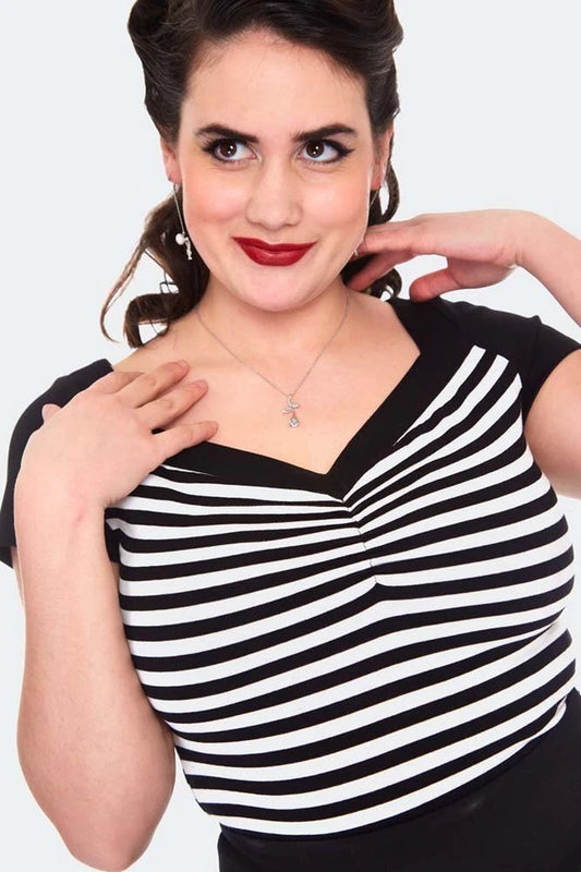 Vintage Style Striped Short Sleeve Retro Low Neck Top