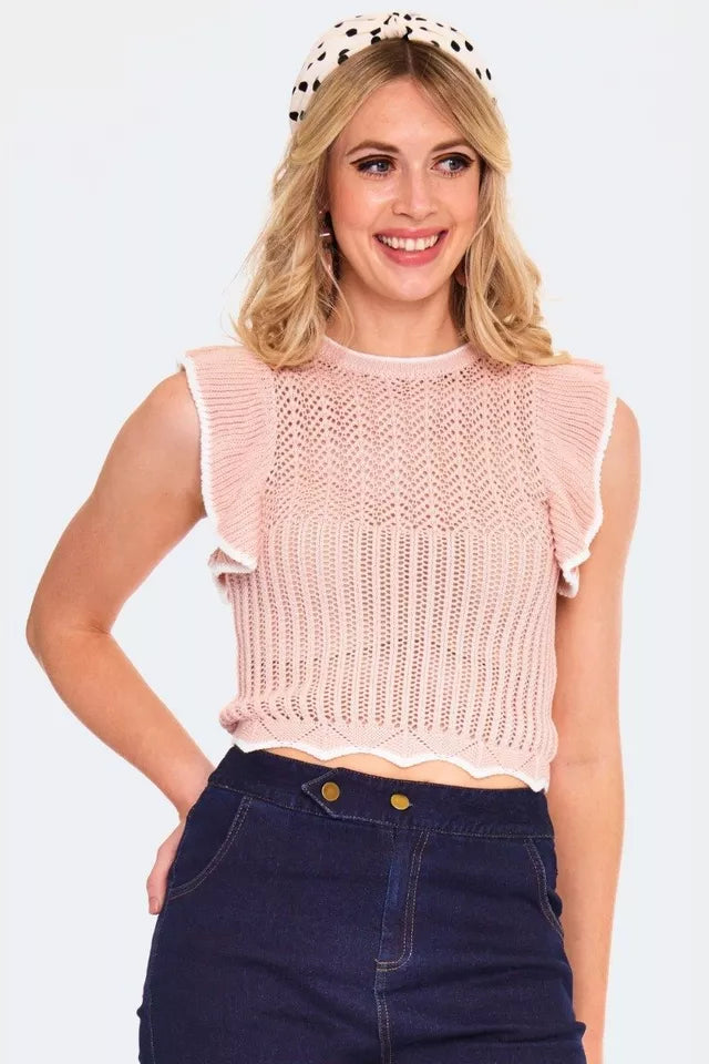 Women Retro Ruffle Round Neck Knitted Vest Vintage Style Fashion