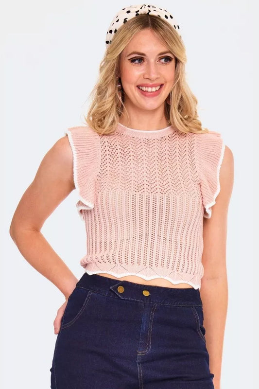 Women Retro Ruffle Round Neck Knitted Vest Vintage Style Fashion