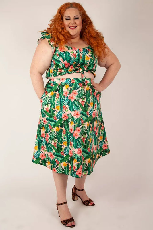 Curve Retro Vintage Style Valentina Floral Tropical Print Skirt