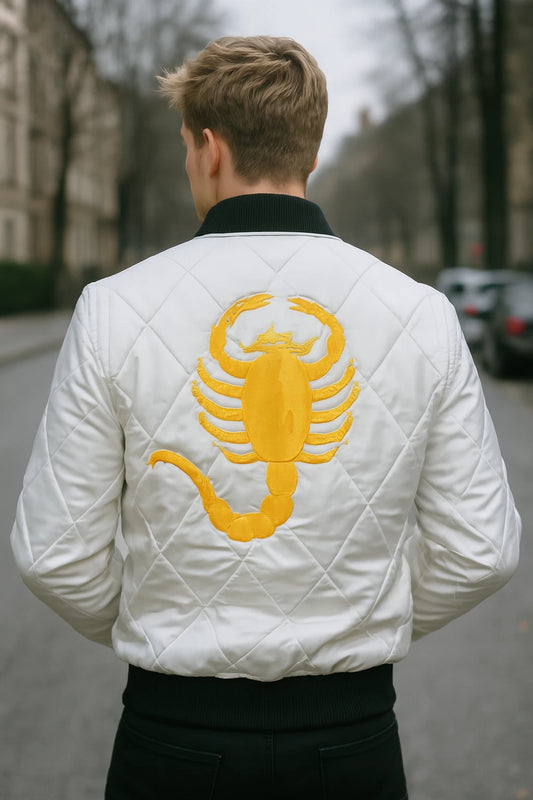 DRIVE Jacket Scorpion White Bomber Satin Quilted Ryan Gosling Costume Outerwear