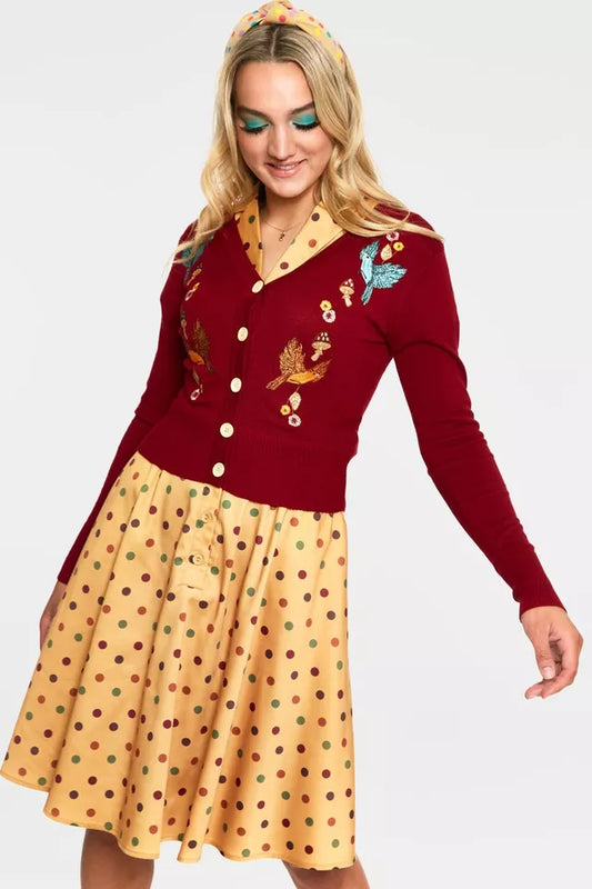 Women Retro RED WOODLAND EMBROIDERED CARDIGAN Vintage Style Cardigan