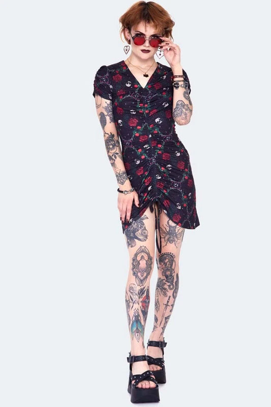 Skull and roses print midi Gothic Alternative Style dress