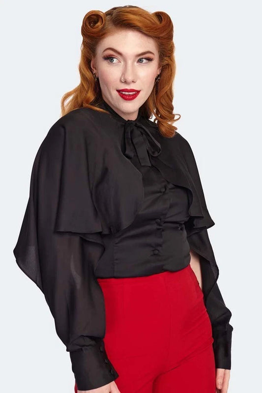 Women Retro Cape Sleeve Tie Neck Vintage Style Blouse