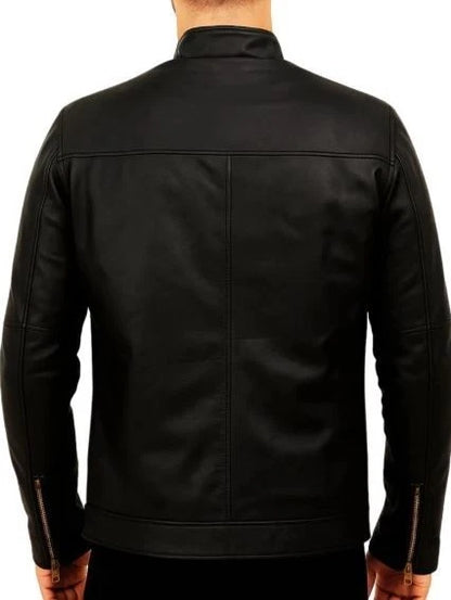 Men's Cafe Racer Black Slim Fit Genuine Leather Motorcycle Biker Style Jacket