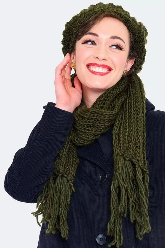 Retro Lana Green Beret & Scarf Set Vintage style