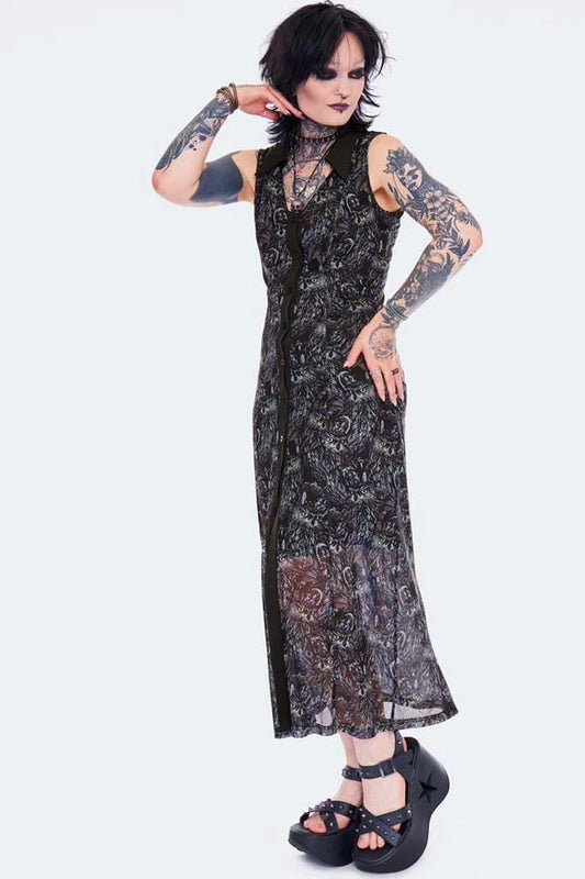 Women Gothic Night Owl Maxi Alternative Style Dress