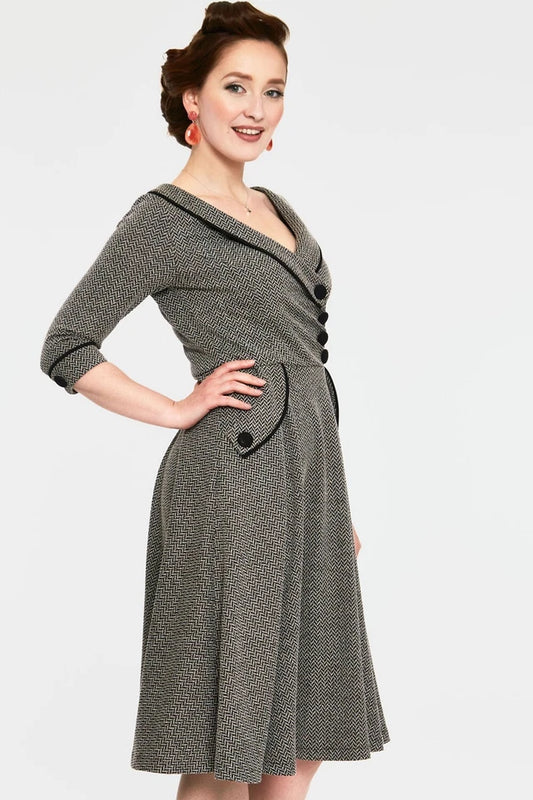 Marica Herringbone Retro Vintage Style Flared Dress