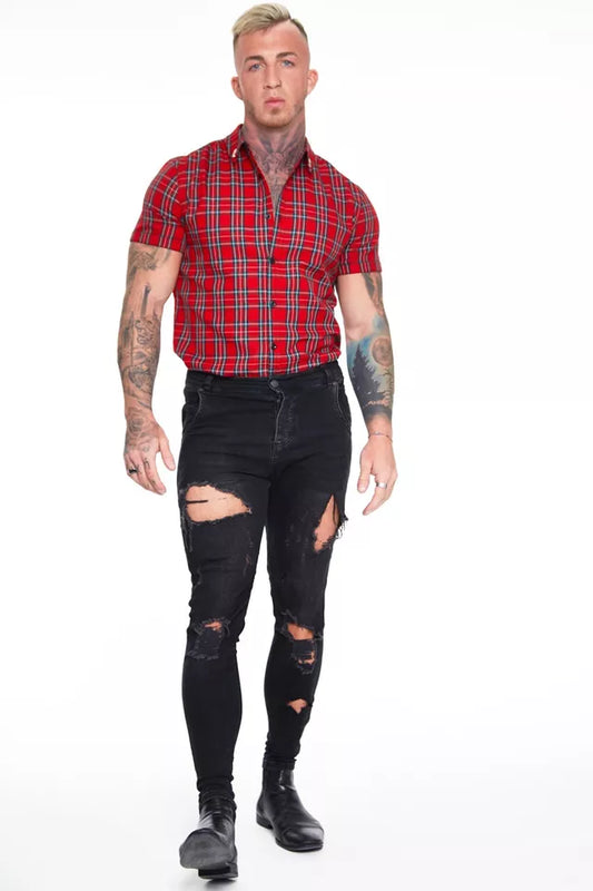 New Short Sleeve Work Tops Casual Checks Men Plaid Button Down Shirt Red S