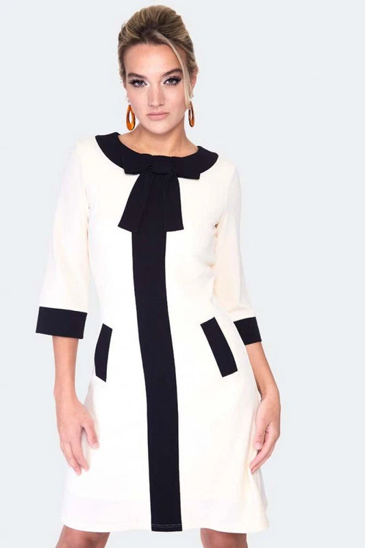 1960s RETRO Vintage Style 3/4 sleeve constrast stripe ivory dress