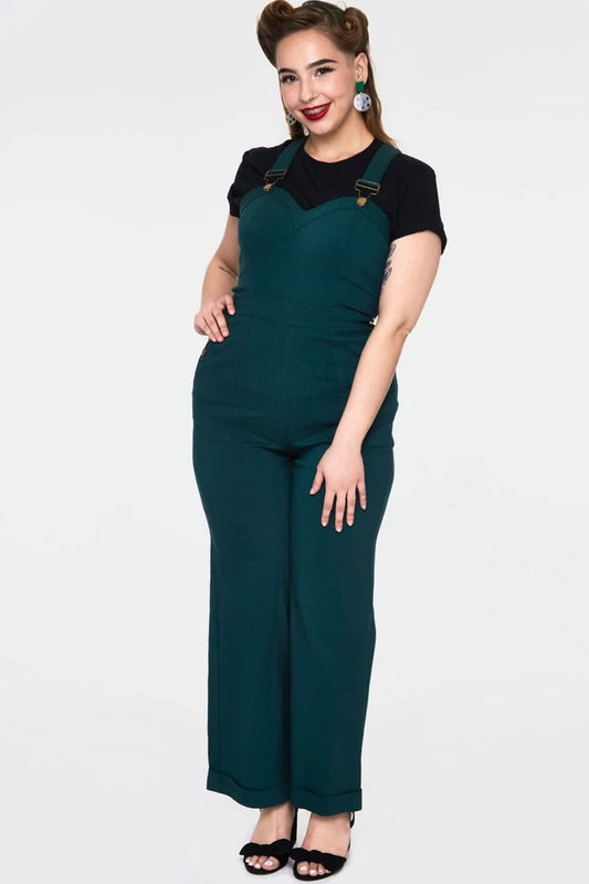 Retro Curve Connie Fitted Capri Overalls Green Vintage Style in Plus Size