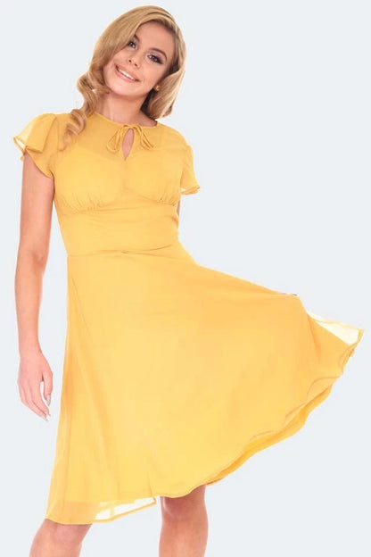 RETRO VINTAGE STYLE YELLOW TIE NECK LACE FLARE DRESS