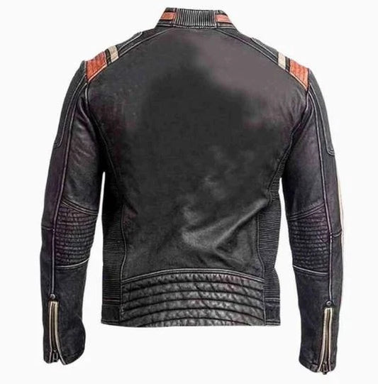 Mens Retro Vintage Cafe Racer Distressed Black Biker Leather Motorcycle Jacket