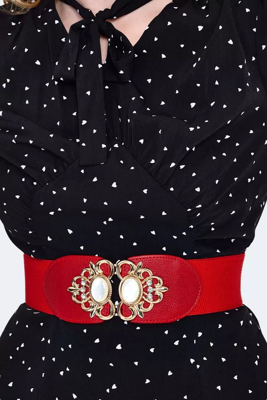 Retro Vintage Style Pearl Buckled Red Elasticated Belt