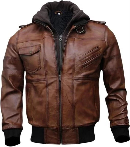 Men Cafe Racer RemovableHooded Bomber Motorcycle Brown Lambskin Leather Jacket