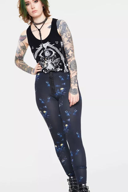 Ladies New Gothic Punk Salem Leggings Alternative Chic Cat Print