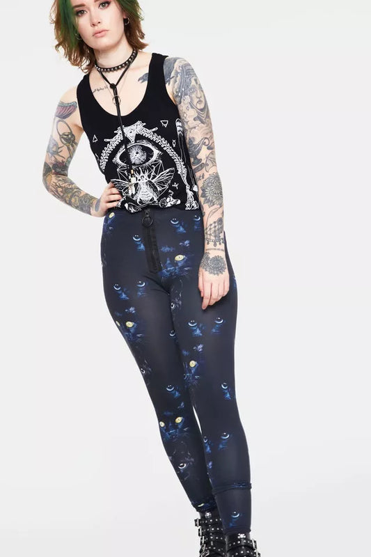 Ladies New Gothic Punk Salem Leggings Alternative Chic Cat Print