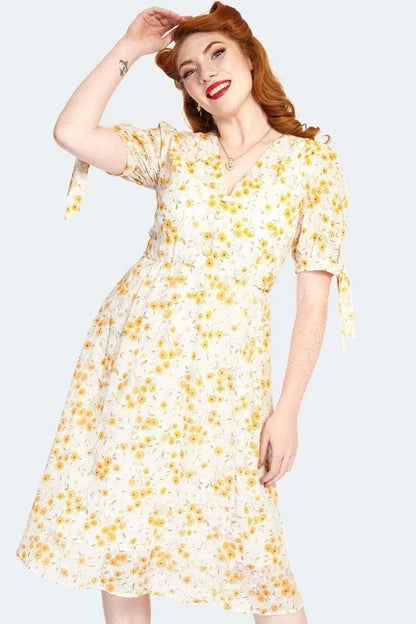 Retro Vintage Style Tie Sleeve Floral Pattern Flare Dress