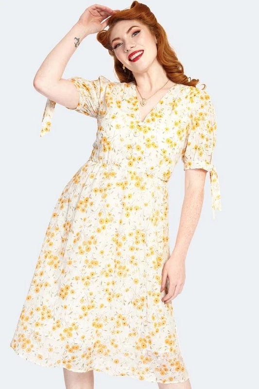 Retro Vintage Style Tie Sleeve Floral Pattern Flare Dress