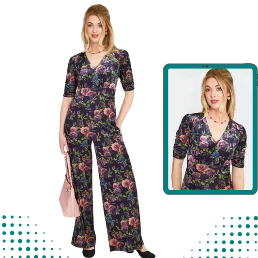 Velvet Retro Vintage Style Floral Wide Jumpsuit