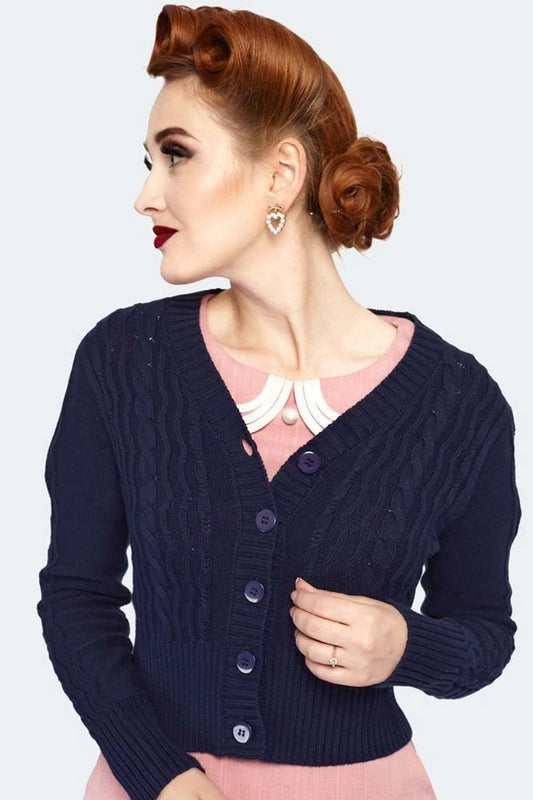 Women Retro Mabel Cropped Cardigan in Navy Vintage Style Cardigan