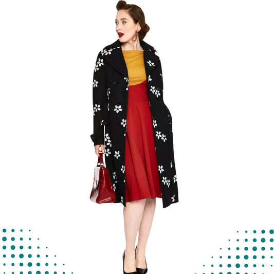 Women Retro Floral Flocked Double Breasted Coat Vintage Style Fashion
