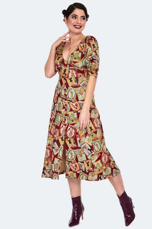 Retro Vintage Style Tarot Print Midi Dress