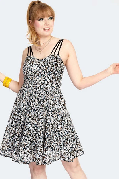 Retro Floral Embroidery Strappy Chiffon Flare Vintage Style Dress