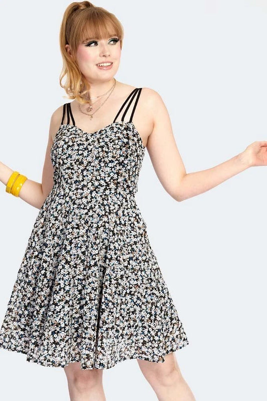 Retro Floral Embroidery Strappy Chiffon Flare Vintage Style Dress