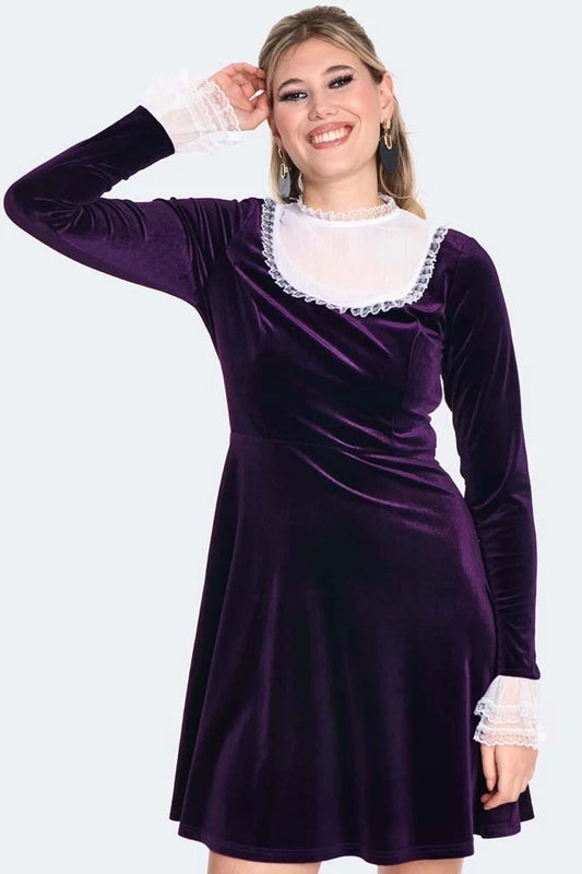 1960s Retro Vintage Style Ruffle Sleeve Velvet Flare Dress