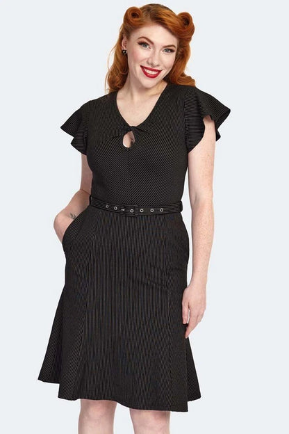 Pinstripe Flutter Sleeve Front Twist Flare Retro Vintage style Dress
