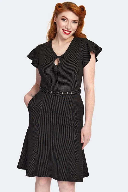 Pinstripe Flutter Sleeve Front Twist Flare Retro Vintage style Dress